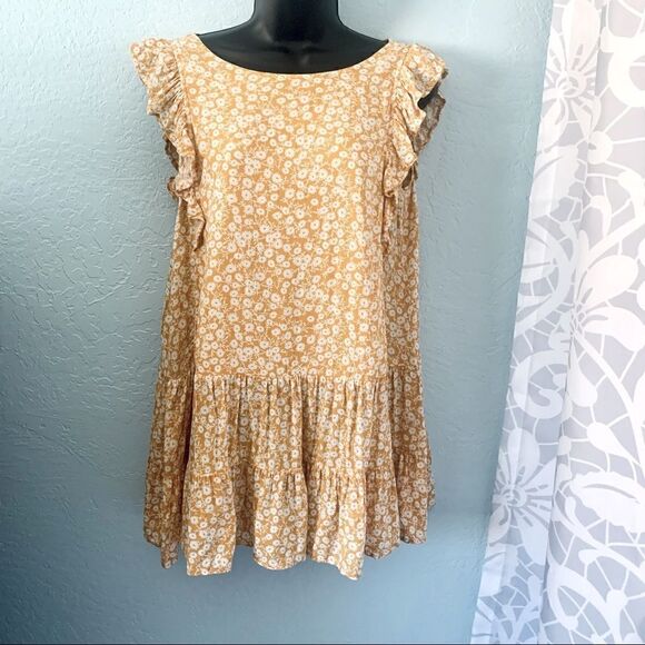 Ivy May Mustard Yellow & White Floral Boho Ruffled Sun Dress Size Small - Picture 2 of 11